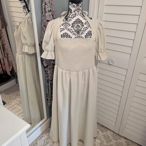 SHEIN Cream Tiered Puff Sleeve Midi Dress